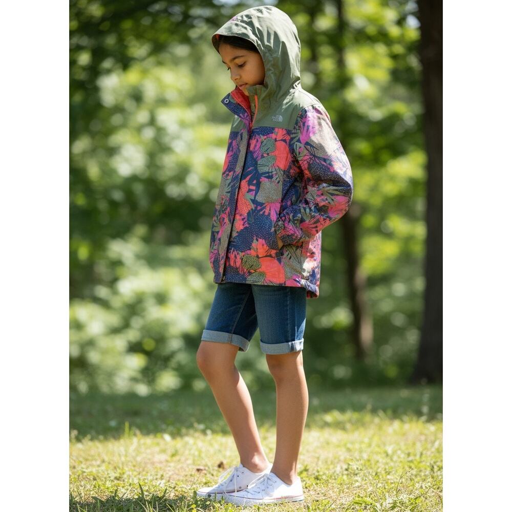 The North Face Girls Floral Print Hooded Rain Jacket Windbreaker Size 14-16